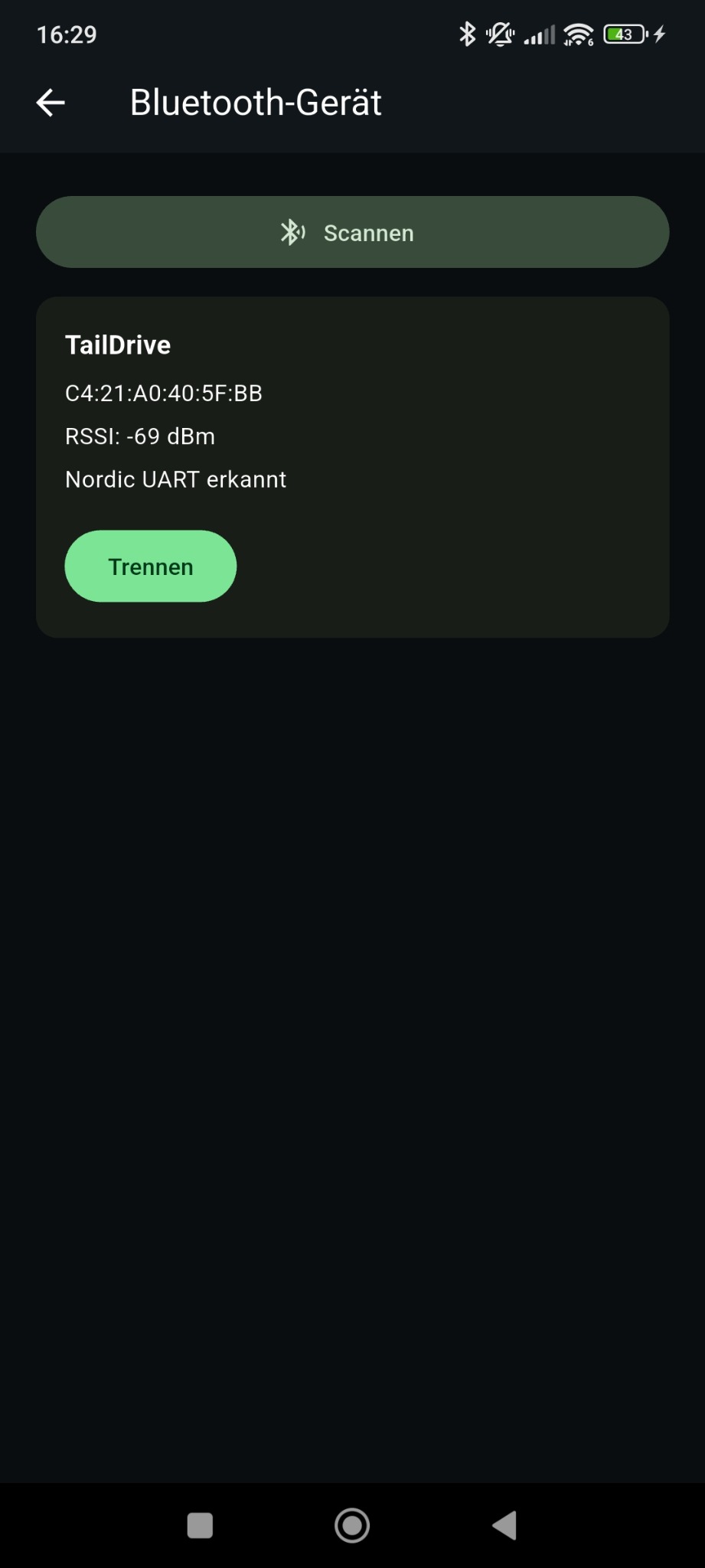 Bluetooth-Geräteansicht der TailDrive App mit verbundenem TailDrive-System