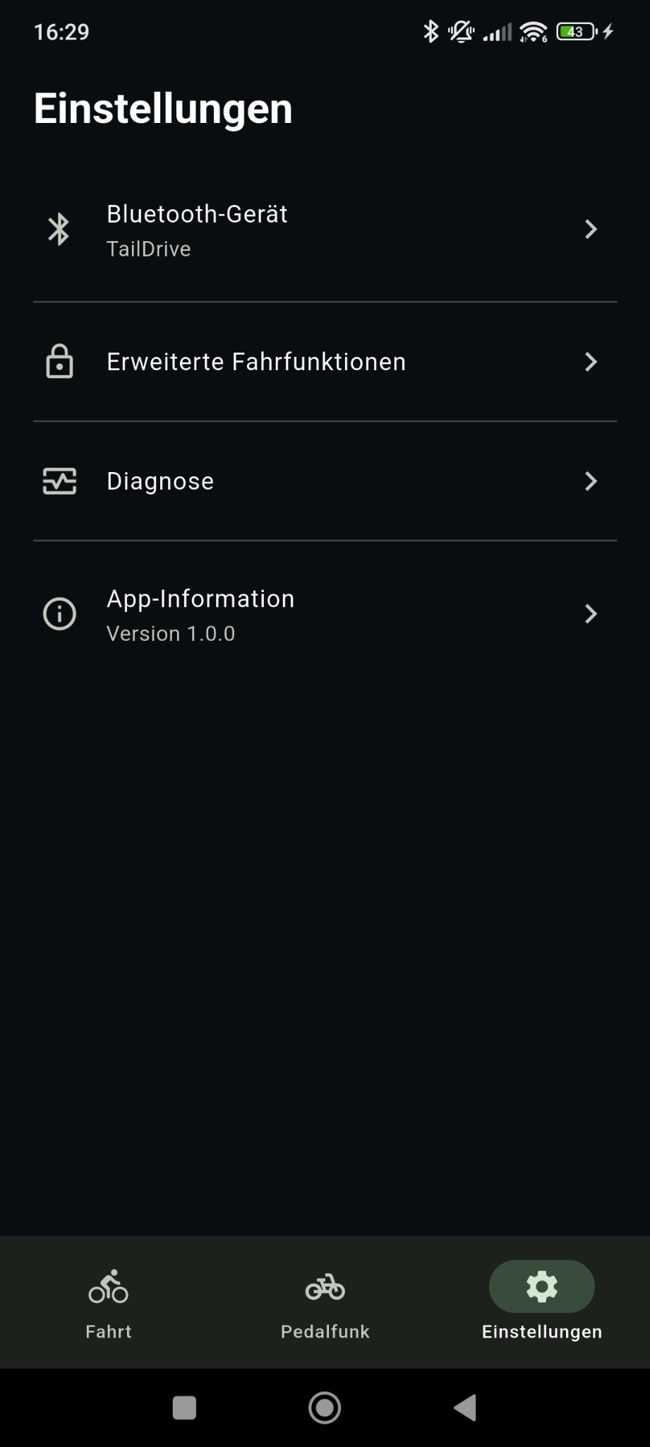 Einstellungsübersicht der TailDrive App