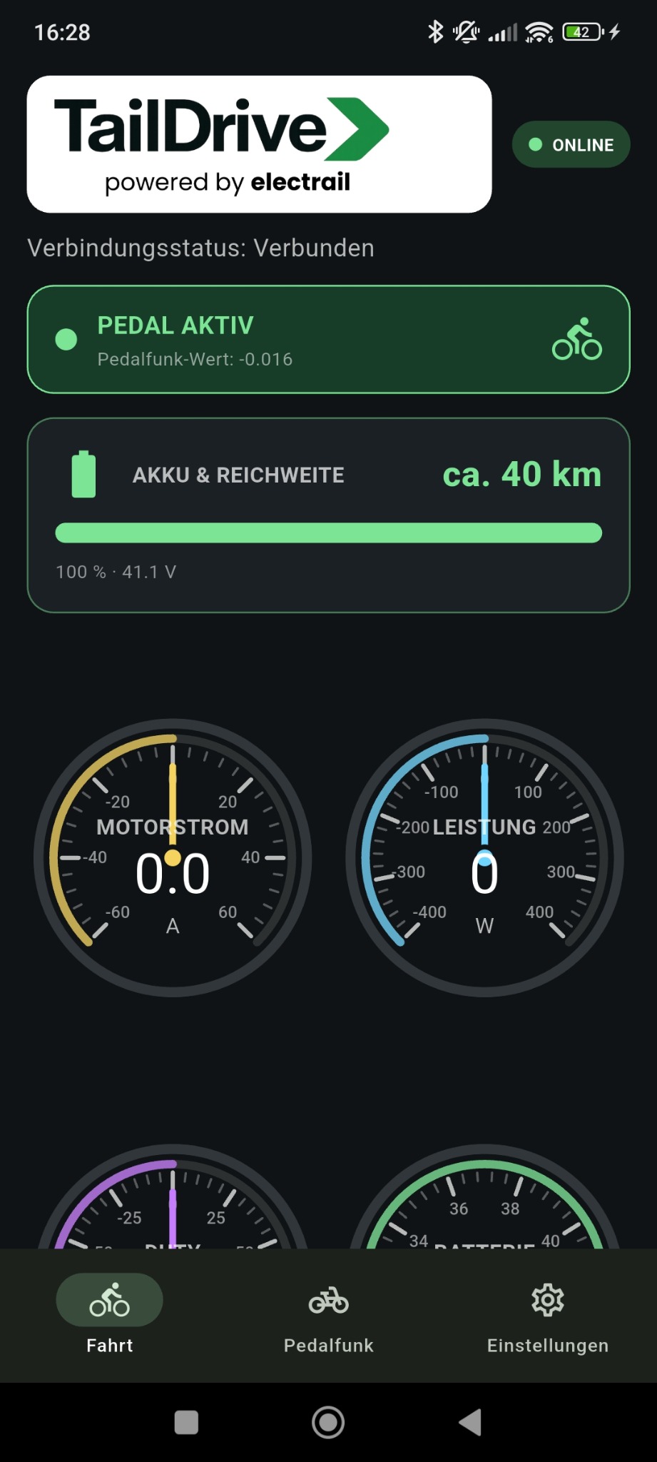 TailDrive App mit Verbindungsstatus, Pedalfunk und Reichweitenanzeige